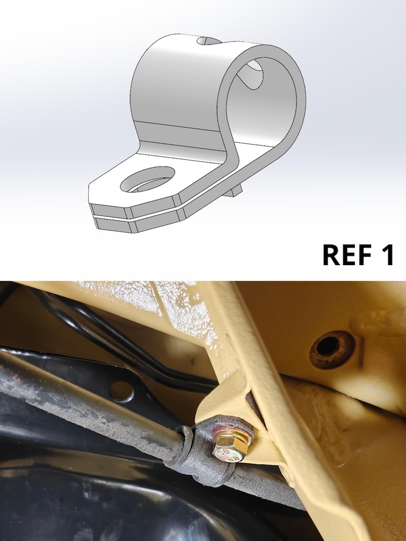 May include: A P-clip cable clamp shown in a 3D technical rendering and installed in a vehicle engine bay. The clamp is secured with a gold-colored hex bolt against a tan-painted metal frame, holding a black cable in place near a black component.
