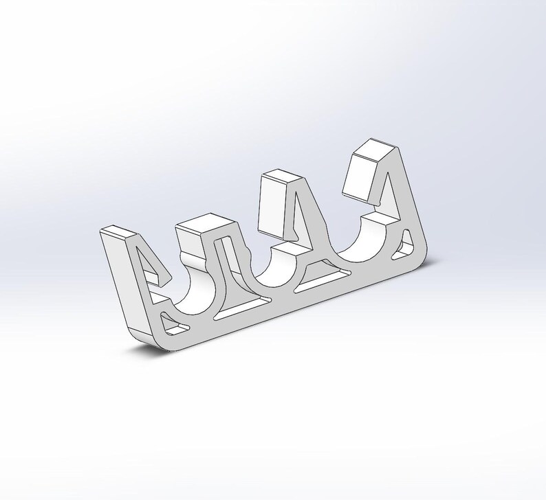 May include: A white, three-dimensional, linear plastic component featuring three distinct circular cutouts along its length, with a series of angular, geometric support structures and open slots integrated into its overall frame design.