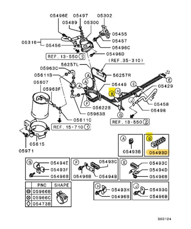 May include: A technical line drawing of an automotive fuel system assembly, featuring various components, hoses, and brackets labeled with numerical codes. The diagram includes detailed exploded views of parts, with specific items highlighted in yellow.