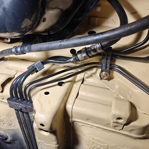 May include: A beige painted automotive undercarriage section featuring a series of thin black metal fuel or brake lines secured by black plastic mounting clips and a thick black rubber hose connected with a metal fitting to the chassis.