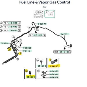 May include: A technical diagram titled Fuel Line & Vapor Gas Control showing a rear assembly layout. The illustration features black lines representing tubing, various reference numbers like 56257R and 05429, and boxed component details labeled 05493B, 05493D, 05493E, 05493C, 05494C, and 05496B with arrows indicating connections.