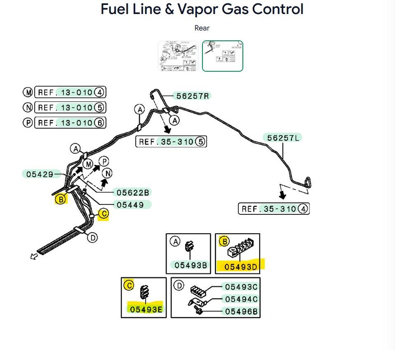 May include: A technical diagram titled Fuel Line & Vapor Gas Control showing a rear assembly layout. The illustration features black lines representing tubing, various reference numbers like 56257R and 05429, and boxed component details labeled 05493B, 05493D, 05493E, 05493C, 05494C, and 05496B with arrows indicating connections.