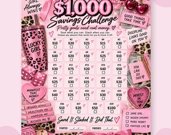 1,000 Savings Challenge Printable | Pink Budget Tracker | Money Goal | Instant Download