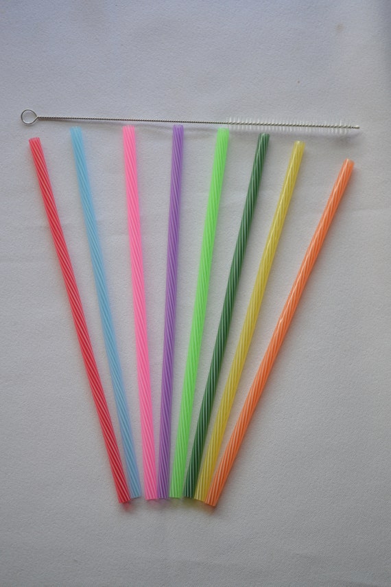 8 Reusable 8 Inch Clear Swirly Straws NO RINGS BPA Free Striped Acrylic Straws  Reusable Cleaning Brush 