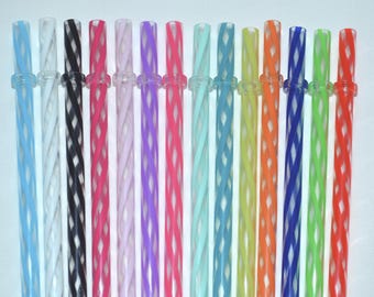 50 Mixed 9" Reusable Straws Clear Swirl Colors Hard Plastic Acrylic Rings BPA Free
