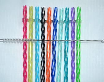 10 Reusable 9" Inch Clear Swirly Straws + Cleaning Brush - BPA Free / Striped Acrylic Straws Reusable #3B
