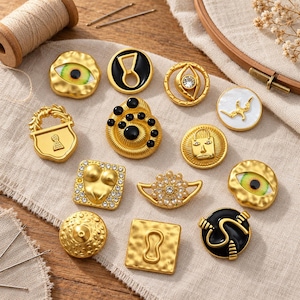 May include: A collection of decorative metal buttons in various shapes and designs, including eye motifs, keyholes, abstract forms, and geometric patterns. The buttons feature gold-tone finishes, black enamel accents, white inlays, and clear crystals.