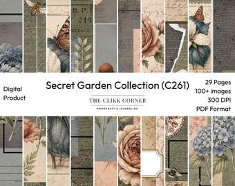 Kit de diario creativo "Jardín Secreto", paquete imprimible de efímeros botánicos vintage, papel para álbumes de recortes florales, hojas de collage digitales en PDF (29 páginas).