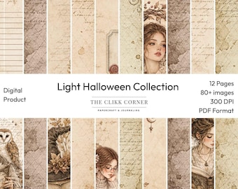 Kit de diario creativo de Halloween ligero, paquete imprimible de efímeros otoñales acogedores, papel de scrapbooking vintage con temática de brujas, hojas de collage digitales en PDF.