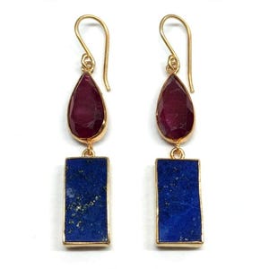 Ruby and Lapis Lazuli Dangle Earrings, Blue and Red Gemstone Earrings, Gold Tone Drop Earrings, Elegant Statement Jewelry, Gift for Her