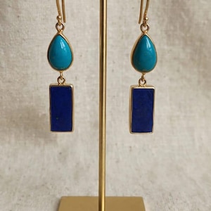 Turquoise and Lapis Lazuli Dangle Earrings, Gold Tone Gemstone Earrings, Blue Statement Jewelry, Elegant Boho Earrings, Gift for Her
