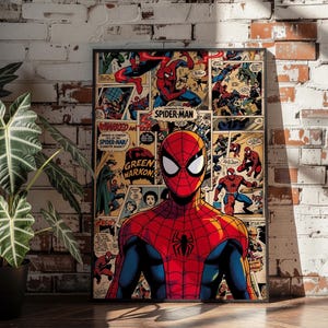 Könnte beinhalten: Ein gerahmtes rechteckiges Poster mit einer großen zentralen Illustration von Spider-Man in einem rot-blauen Anzug mit schwarzem Spinnenemblem, vor einer Collage aus alten Comic-Panels mit Texten wie Spider-Man und Green Warkon.