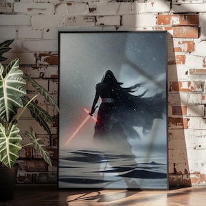 Kylo Ren-affisch, Star Wars-väggkonst, Starkiller Base Blizzard-tryck, The Force Awakens-dekor, Dark Side-fangåva, ljussabelkonstverktryck