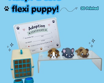 Adopt a Puppy Playset, 3D Printed Flexi Puppy, Adoption Kit, Pretend Play Set, Pet Carrier, Food & Water Bowls, Adoption Certificate