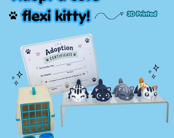 Adopt a Kitty Playset, 3D Printed Flexi Cat, Adoption Kit, Pretend Play Set, Pet Carrier, Food & Water Bowls, Adoption Certificate