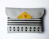 Clutch // iPad Mini Case // light grey and yellow leather with black pattern