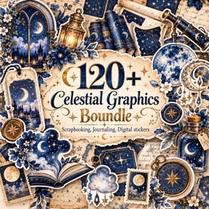 Puede incluir: Un paquete de gráficos digitales con más de 120 ilustraciones de temática celestial que incluyen lunas, estrellas, linternas, telescopios, libros y brújulas en tonos azul oscuro y dorado, con el texto 120+ Celestial Graphics Boundle.