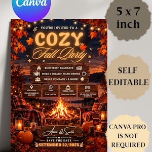 May include: A 5 x 7 inch invitation template for a Cozy Fall Party featuring a bonfire scene with autumn leaves, string lights, and wooden signs. The text includes event details, location, time, dress code, RSVP info, and the date September 22, 202X.