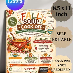 May include: A flyer for a Fall Soup Cook-Off event measuring 21.59 x 27.94 cm. The design features autumn leaves, a red pot of soup, pumpkins, and bread. Text includes event details, date, location, and contact information. It is self-editable.