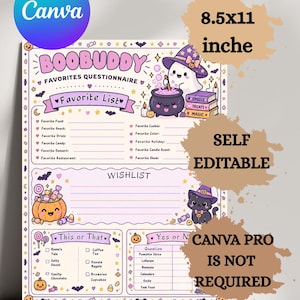 May include: A printable 21.59x27.94 cm Boobuddy Favorites Questionnaire featuring Halloween-themed illustrations of a ghost with a cauldron, a black cat, and pumpkins. The self-editable template includes sections for a favourite list, wishlist, and games.