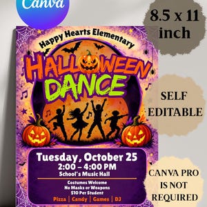 May include: A Halloween dance flyer for Happy Hearts Elementary featuring a large orange moon, silhouettes of dancing children, and two jack-o'-lanterns. The text includes the date Tuesday, October 25, 2:00-4:00 PM, and event details.