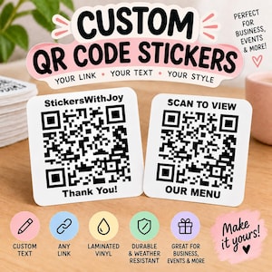 May include: Two square white stickers featuring black QR codes. The left sticker displays the text StickersWithJoy and Thank You. The right sticker displays the text SCAN TO VIEW and OUR MENU. The stickers are displayed with promotional text.