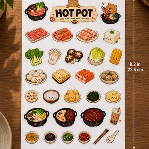 May include: A sticker sheet featuring various hot pot ingredients and characters, measuring 7 inches by 9.2 inches. The sheet includes illustrations of meat, tofu, vegetables, mushrooms, corn, and hot pot bowls with a bear mascot and text.