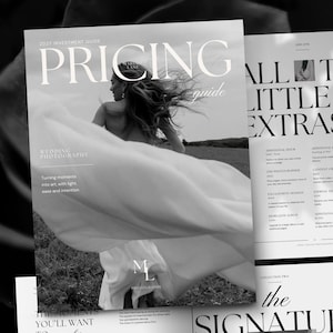Może przedstawiać: Czarno-biały szablon cennika fotografii z dużym zdjęciem osoby w zwiewnej sukni na zewnątrz. Tekst zawiera 2027 INVESTMENT GUIDE, PRICING guide, WEDDING PHOTOGRAPHY oraz ML PHOTOGRAPHY. Dodatkowe strony zawierają tekst o momentach ślubnych i opcjach dodatkowych.