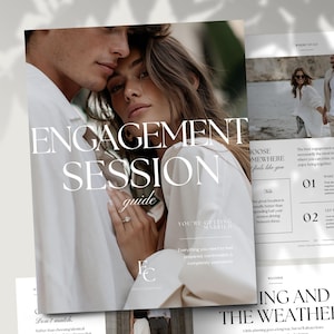 Puede incluir: Una guía de sesión de compromiso de varias páginas con consejos de fotografía. La portada muestra a una pareja con camisas blancas con el texto ENGAGEMENT SESSION guide y YOU'RE GETTING MARRIED. Las páginas interiores incluyen secciones sobre ubicaciones y clima.