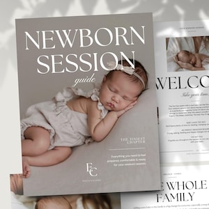 May include: A newborn session guide brochure featuring a sleeping infant wearing a beige romper and a white headband. The cover text reads NEWBORN SESSION guide, THE TINIEST CHAPTER, and includes the EC PHOTOGRAPHY logo and descriptive text.