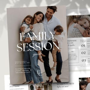 Puede incluir: Una guía digital de sesiones familiares de varias páginas con consejos de fotografía. La portada muestra a una familia de cuatro personas con el texto FAMILY SESSION guide y FC PHOTOGRAPHY. Otras páginas incluyen secciones tituladas WHERE TO GO.