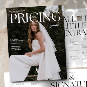 May include: A wedding photography pricing guide featuring a cover with a person in a white strapless gown and veil. The text reads 2027 INVESTMENT GUIDE, PRICING guide, EMMA COLLINS, WEDDING PHOTOGRAPHY, and Turning moments into art, with light, ease and intention.