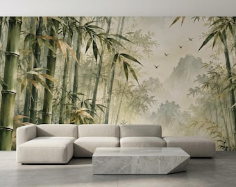 Aquarell-Wandbild „Bambuswald“, Zen-Kunst aus Asien, Tapete mit salbeigrüner Berglandschaft
