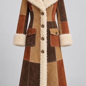 Penny Lane Coat | Patchwork Shearling Long Jacket - Boho Suede Winter Coat • Vintage 70s Hippie Style