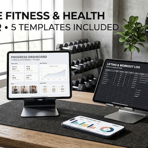 May include: Two tablets and a smartphone on stands displaying digital fitness tracking software. The screens show a Progress Dashboard, a Lifting & Workout Log, and a Daily Nutrition Log. A gray water bottle sits on a wooden desk with a black mat.
