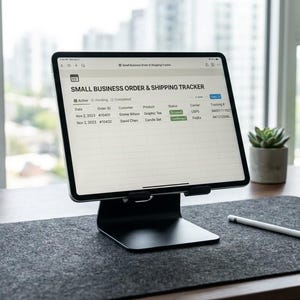 May include: A tablet computer mounted on a black metal stand displaying a digital spreadsheet titled SMALL BUSINESS ORDER & SHIPPING TRACKER. The screen shows columns for date, order ID, customer, product, status, carrier, and tracking number.