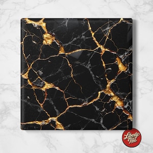 May include: A square coaster featuring a black marble pattern with prominent gold veining throughout the surface. The design mimics natural stone with intricate cracks and metallic gold accents that create a high-contrast visual effect.