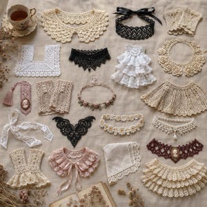 May include: A collection of assorted lace accessories including detachable collars, chokers, wrist cuffs, and a handkerchief. The items feature various crochet patterns, floral motifs, cameo embellishments, and ribbons in white, cream, black, and pink.