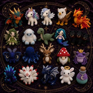 Puede incluir: Una colección de diecisiete pequeñas figuras amigurumi tejidas a ganchillo a mano que representan diversas criaturas míticas, incluyendo dragones, un unicornio, un grifo, un fénix, un hada, un yeti, un monstruo marino, una sirena, un perro de tres cabezas y una poción.