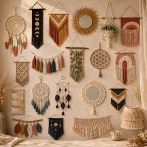 May include: A collection of macrame wall hangings, including dreamcatchers, mirrors, woven tapestries, and tassel garlands in neutral, terracotta, and dark tones. The display features various geometric patterns, fringe details, and celestial motifs.