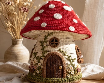 Cottagecore paddenstoelen feeënhuisje haakpatroon PDF, paddenstoel potdeksel amigurumi download