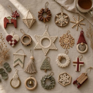 May include: A collection of assorted holiday ornaments including a red wooden horse, crocheted stars, snowflakes, a gnome, a miniature wooden sled, a heart, a tassel, a sheep, a cross, and various wreaths made from cinnamon sticks, wood, and yarn.