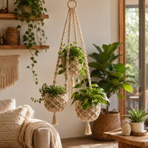May include: A cream-coloured macrame plant hanger featuring three tiered sections designed to hold potted plants. The structure is crafted from knotted cord, suspended from a single wooden ring at the top, and finished with decorative tassels at the base.