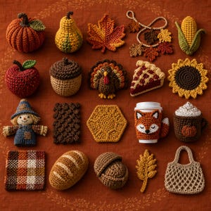 Può includere: Una collezione di venti articoli all'uncinetto tra cui una zucca, una pera, una foglia d'acero, una ghirlanda di foglie, mais, una mela, una ghianda, un tacchino, una fetta di torta, un girasole, uno spaventapasseri, un rettangolo testurizzato, un esagono, un copritazza a forma di volpe, una tazza di cacao, un quadrato scozzese, pane, una noce, una felce e una borsa.