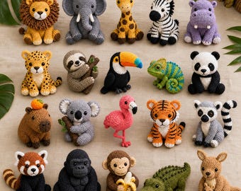 Lot de 20 patrons de crochet PDF d'animaux de la jungle, de la savane et de la jungle, kit amigurumi, cadeau fait main pour salon d'artisanat.