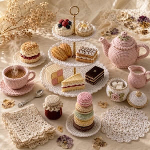 May include: A collection of crocheted tea party items including a three-tier stand with miniature cakes, a pink teapot, a teacup with a saucer, a creamer, a sugar bowl, a jar of jam, a stack of macarons, a silver spoon, and lace doilies.