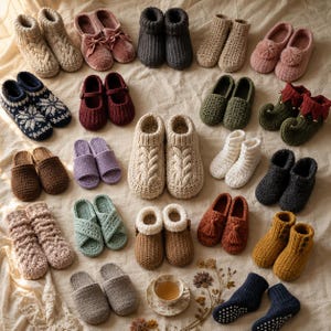 May include: A collection of various knitted slippers and socks in diverse colours, textures, and styles, including cable-knit booties, slip-on mules, mary janes, and elf-inspired footwear, arranged on a neutral fabric surface with a small teacup.