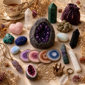 May include: A collection of crocheted items including a large dark gray geode with purple crystals, a pink heart, a purple drawstring pouch, various crystal-shaped pillars, circular coasters in gradient colors, and a crystal pendant necklace.