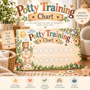 Peut inclure: Un tableau d'apprentissage de la propreté rectangulaire illustré d'un ours et d'un lapin, avec le texte Potty Training Chart, Pee et Poop. Le design comprend deux rangées de cercles vides pour le suivi, décoré de motifs de soleil, d'oiseau et de champignons.