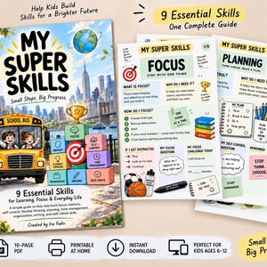 Op de afbeelding: Een digitale educatieve gids getiteld My Super Skills met een gele schoolbus, een stadsgezicht en kleurrijke blokken met vaardigheden zoals focus en geheugen. De set bevat printbare pagina's met activiteiten voor planning en focus.
